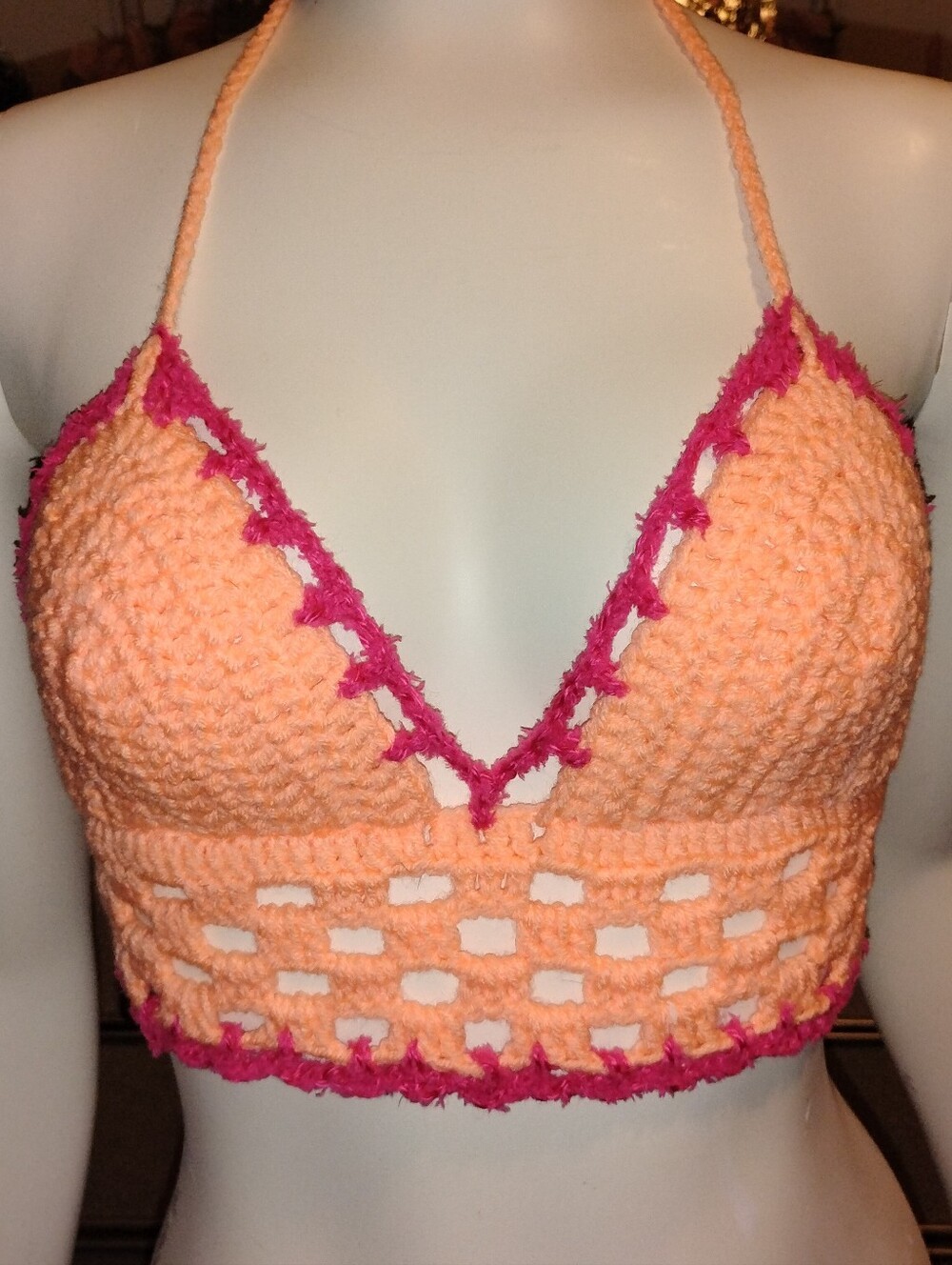 Crochet Peach Halter Bralette with Pink Trim